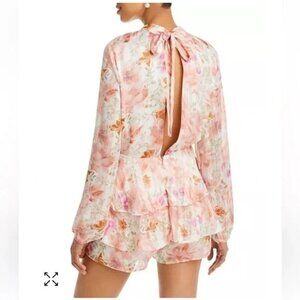 Endless‎ Rose Watercolor Floral Long-Sleeve Chiffon Open Back Romper -XS